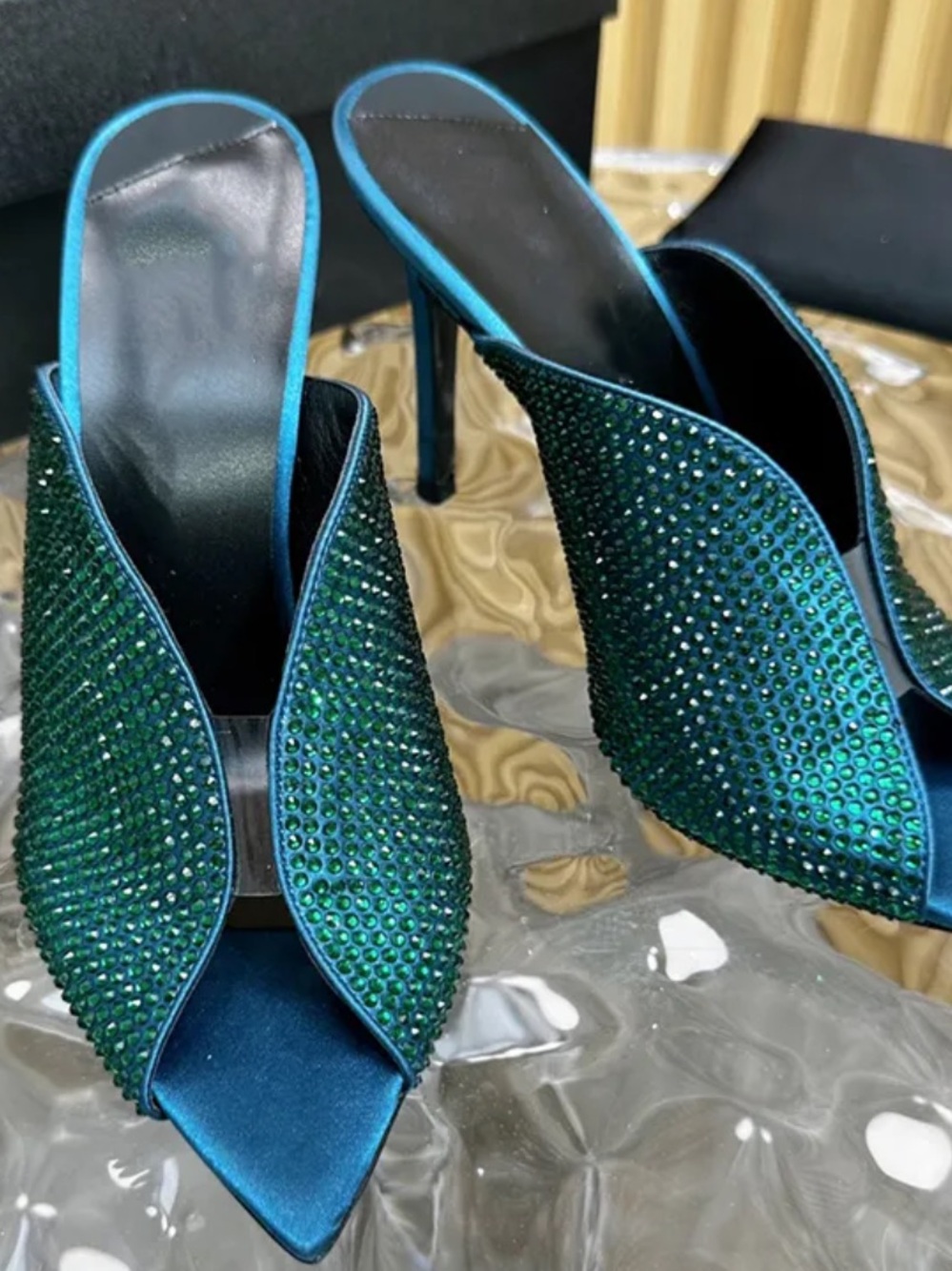 GIUSEPPE ZANOTTI Green Crystal Embellished Women's Open-Toe Heels